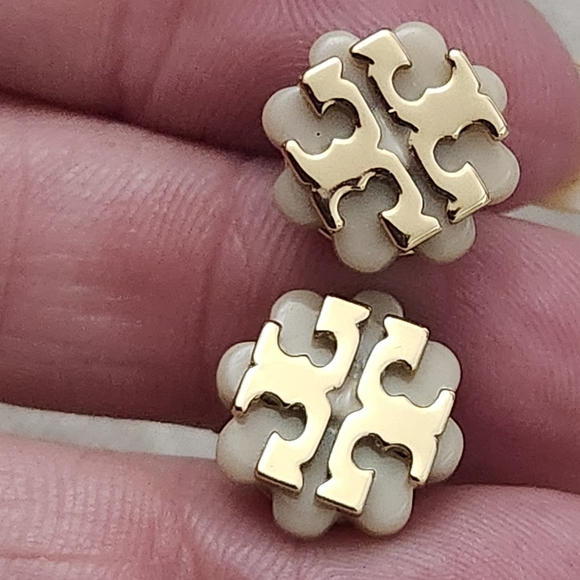 Tory Burch Gold and Cream Resin Logo Stud Earrings - Picture 2 of 6